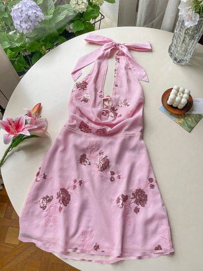 Pink Floral Sequin Halter Neck Mini Dress