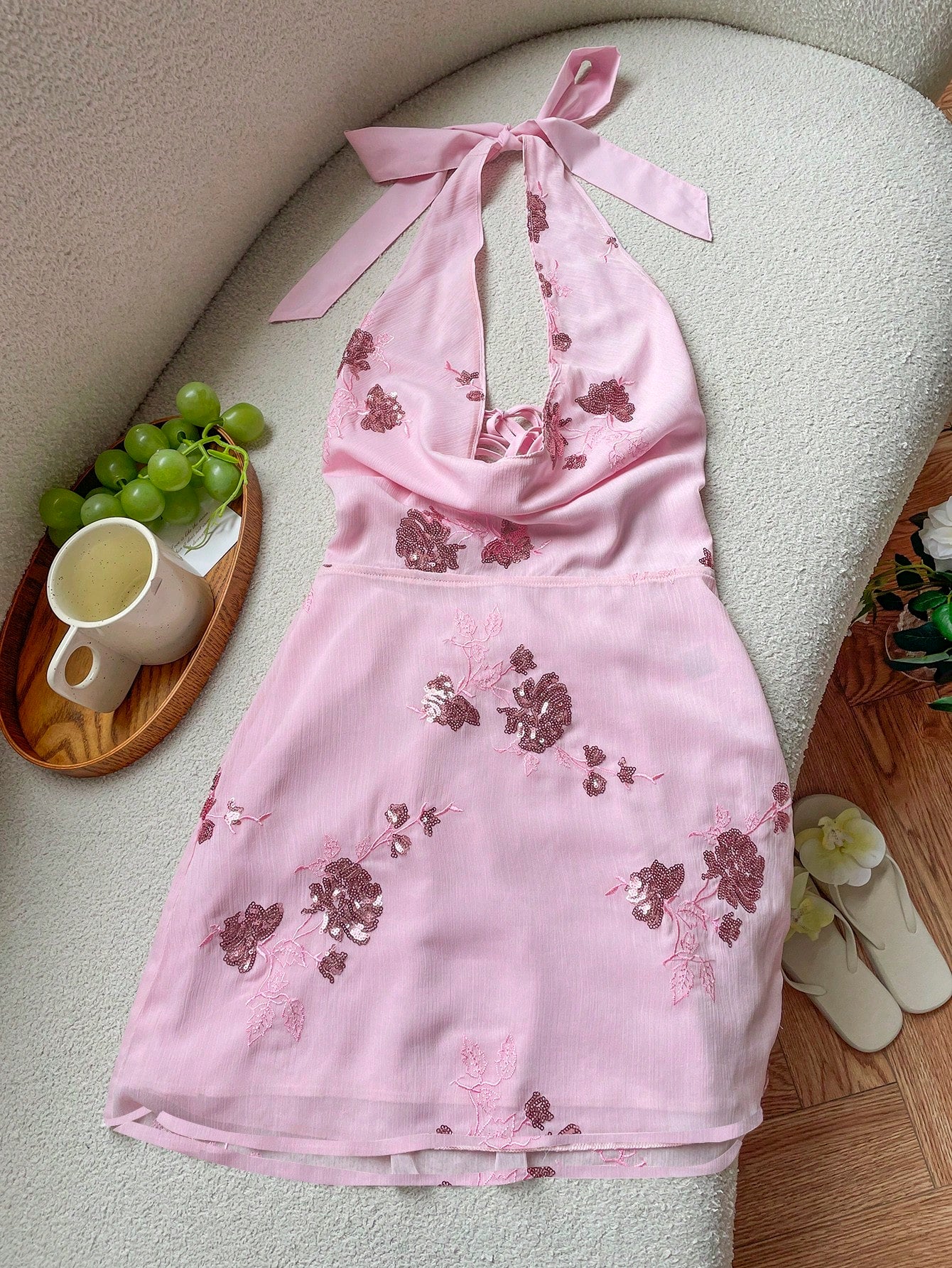 Pink Floral Sequin Halter Neck Mini Dress