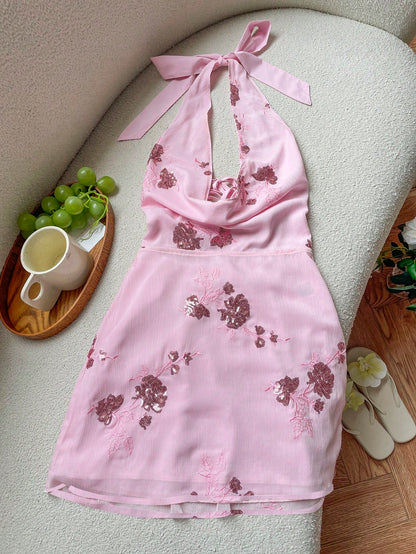 Pink Floral Sequin Halter Neck Mini Dress