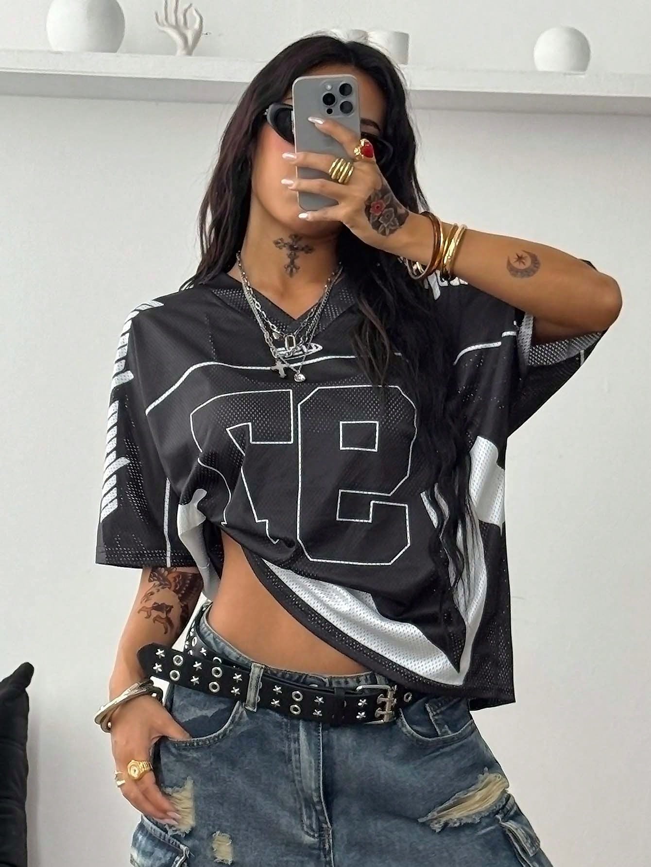 Coolane Women's Y2K Vintage Mesh Black Football Jersey Tee