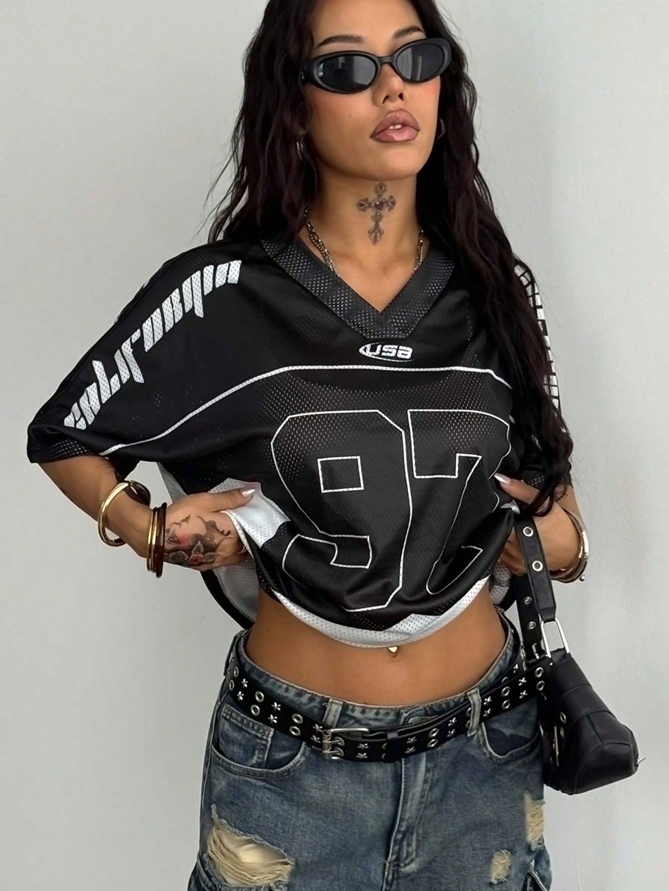 Coolane Women's Y2K Vintage Mesh Black Football Jersey Tee