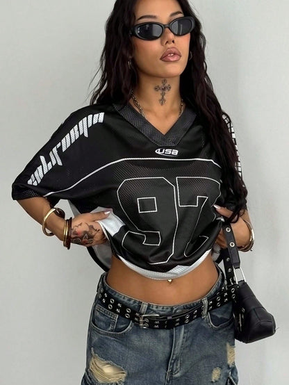 Coolane Women's Y2K Vintage Mesh Black Football Jersey Tee