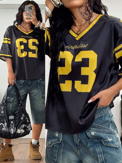 Women's Black Oversized Striped V-Neck Jersey