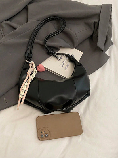 Large Capacity Crescent Shaped Solid Color PU Handbag