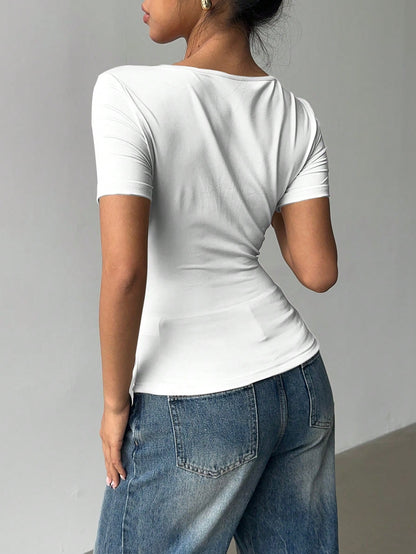 Gaze Ruched Asymmetric Floral Short Sleeve Tee