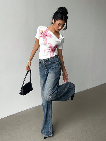 Gaze Ruched Asymmetric Floral Short Sleeve Tee
