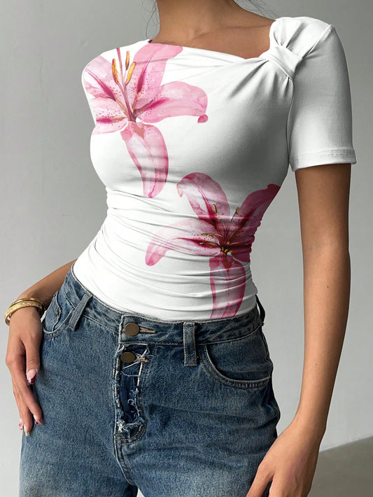 Gaze Ruched Asymmetric Floral Short Sleeve Tee
