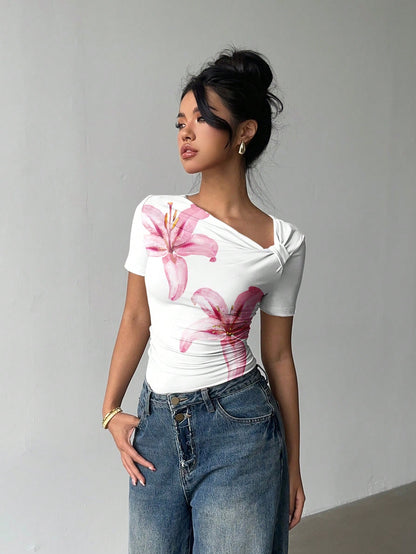 Gaze Ruched Asymmetric Floral Short Sleeve Tee