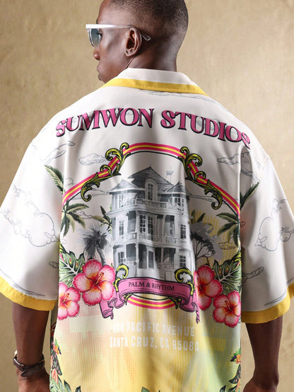 Palm and Rhythm Graphic Print Resort Bowling Shirt