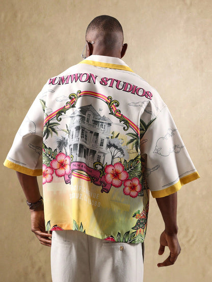 Palm and Rhythm Graphic Print Resort Bowling Shirt