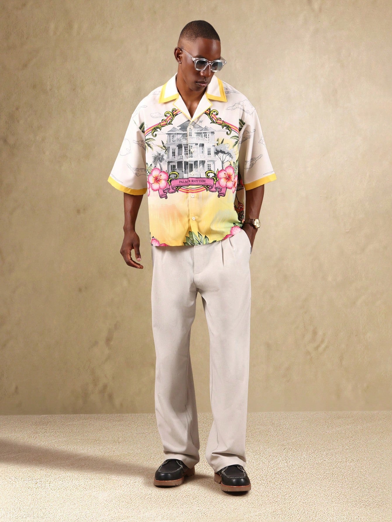 Palm and Rhythm Graphic Print Resort Bowling Shirt