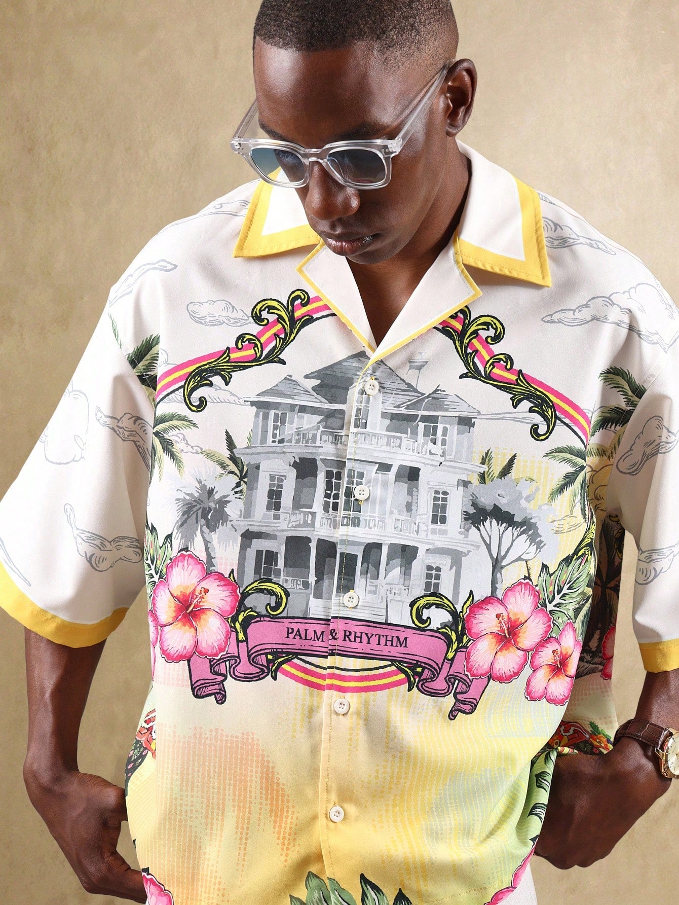 Palm and Rhythm Graphic Print Resort Bowling Shirt