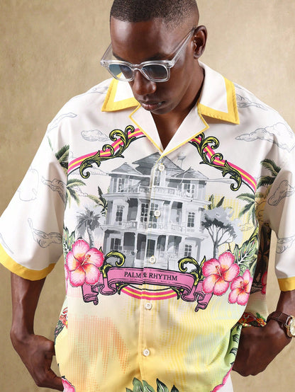 Palm and Rhythm Graphic Print Resort Bowling Shirt