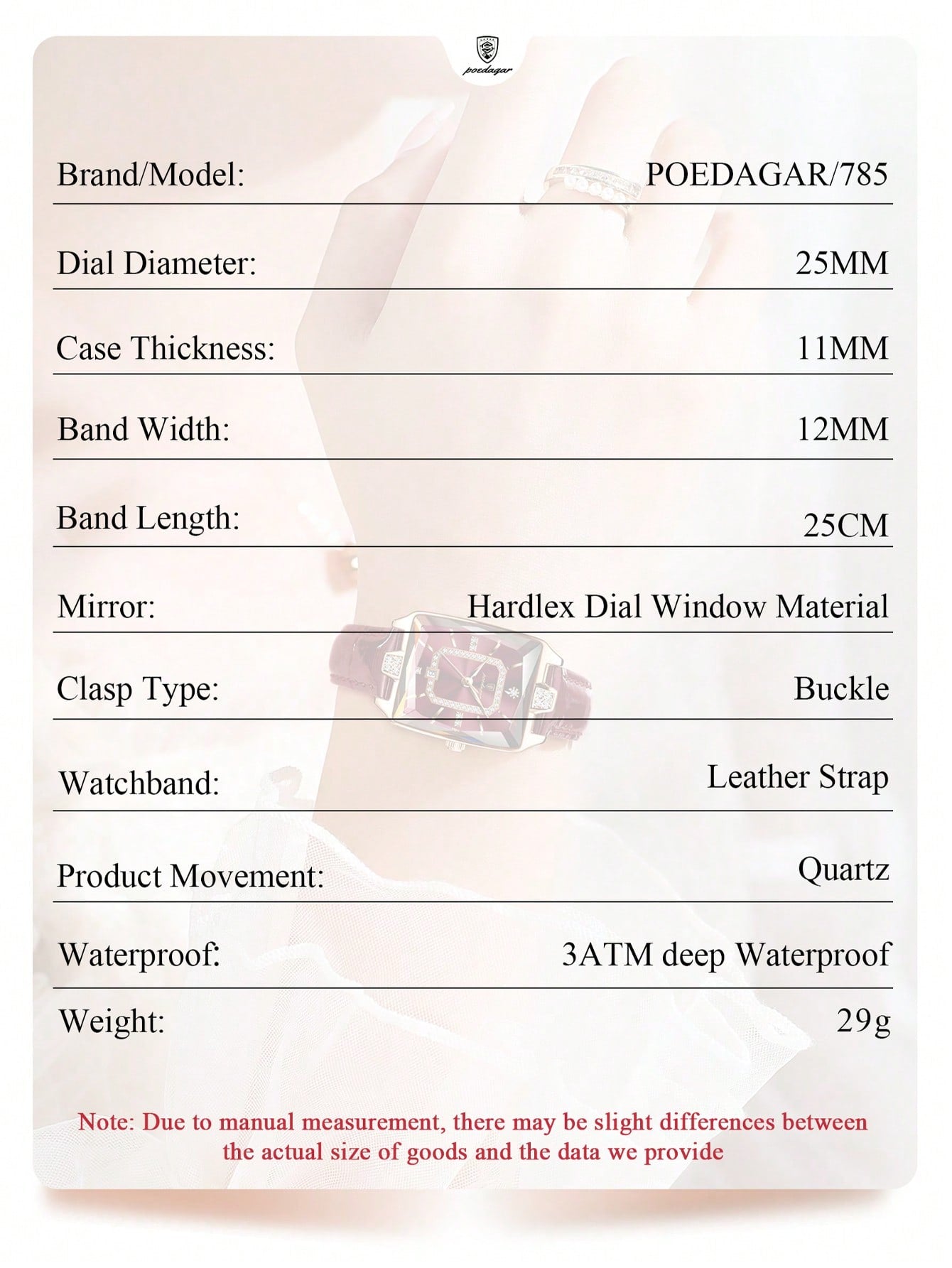 POEDAGAR Elegant Waterproof Luminous Rectangular Watch