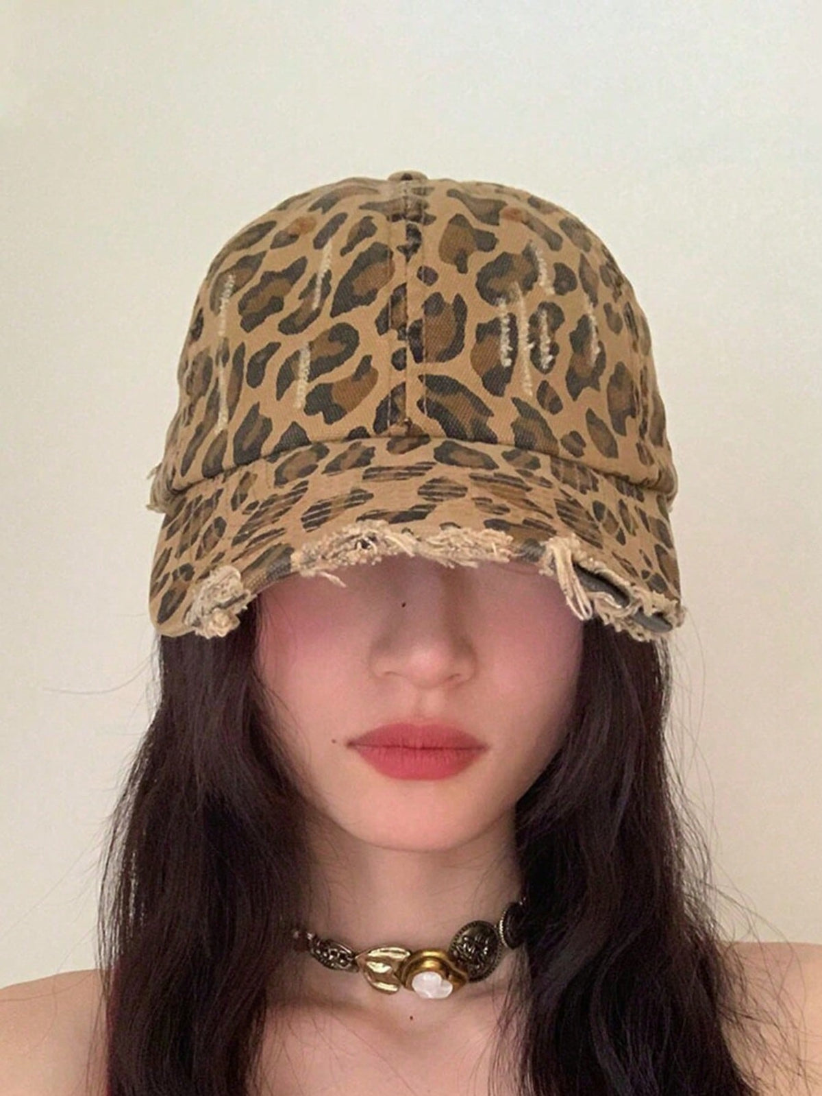 Vintage Ripped Leopard Print Curved Brim Baseball Cap