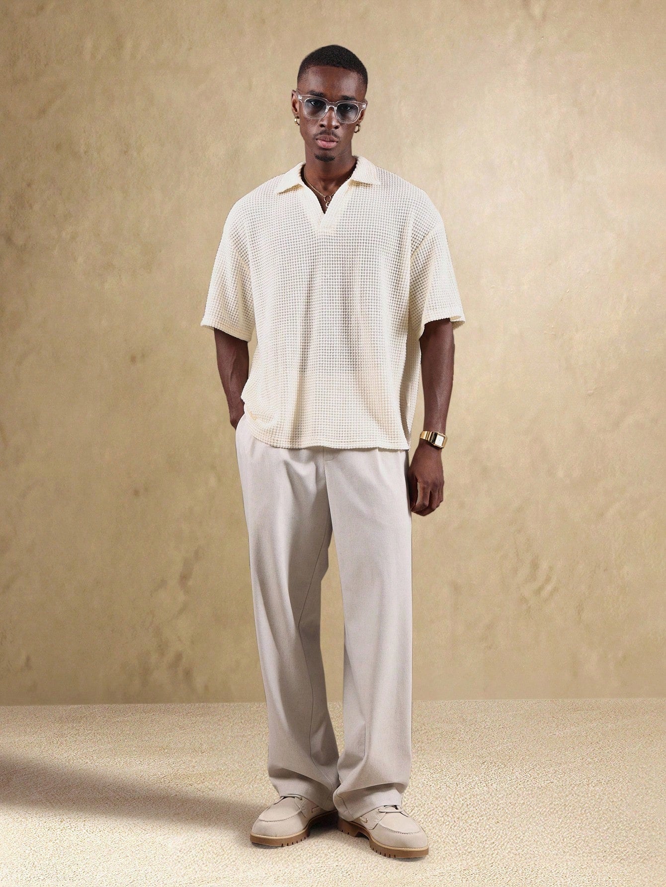 Textured Waffle Knit Short Sleeve Resort Polo