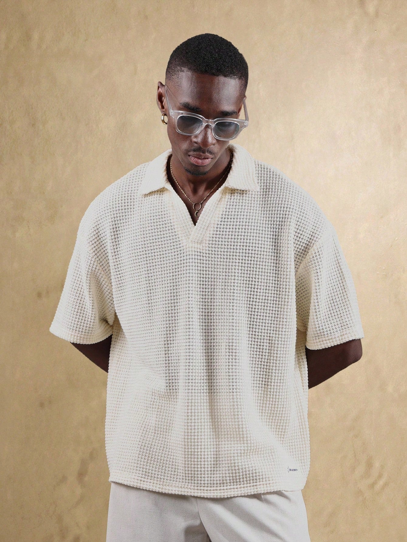 Textured Waffle Knit Short Sleeve Resort Polo