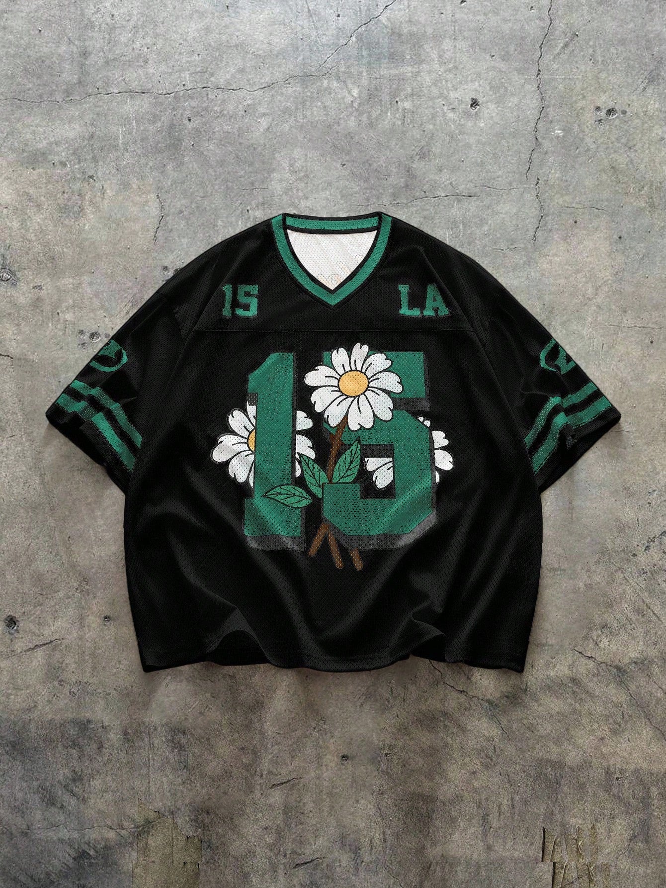 Black Striped & Plant Digital Print V-Neck Soccer Jersey