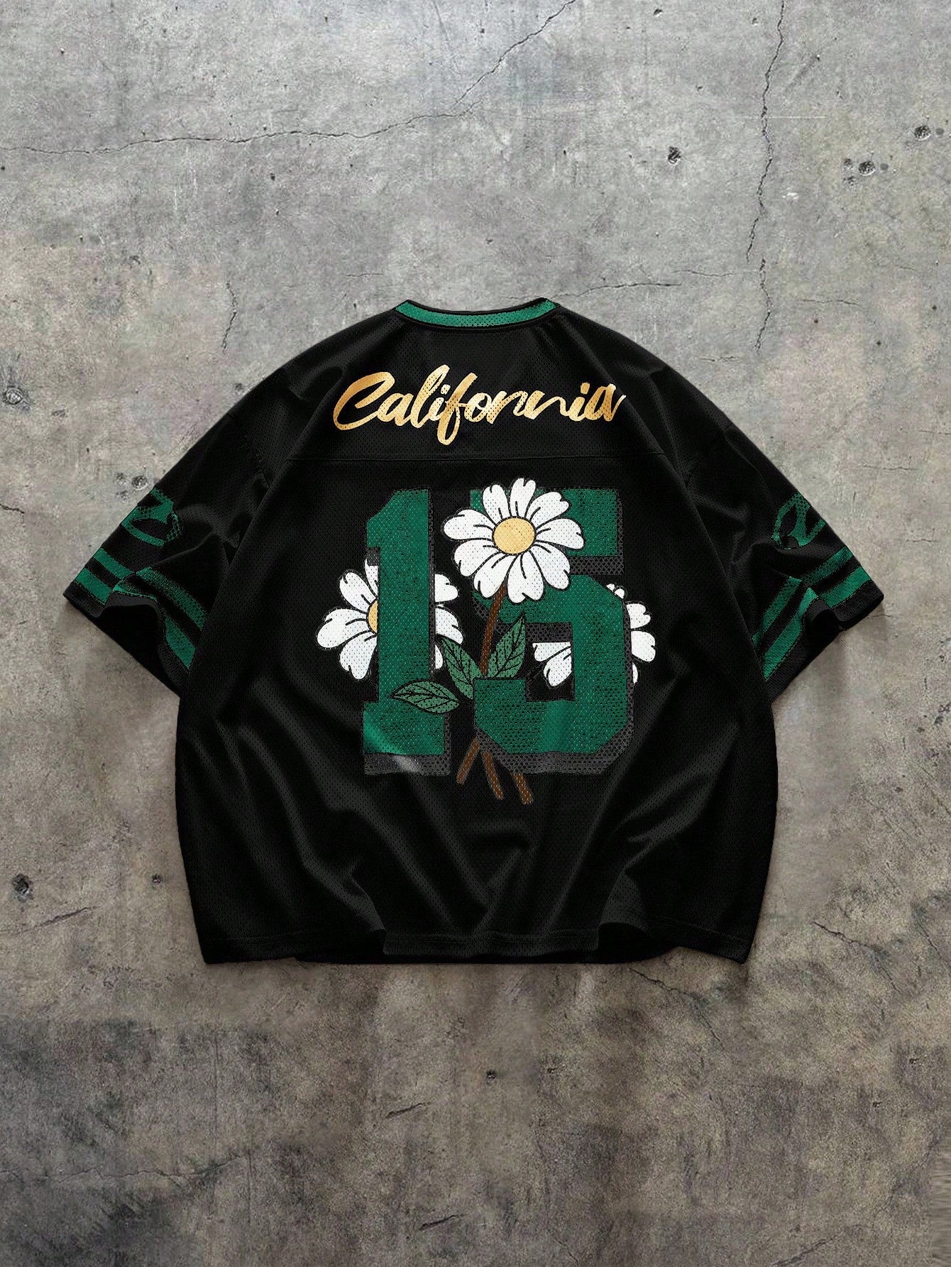 Black Striped & Plant Digital Print V-Neck Soccer Jersey