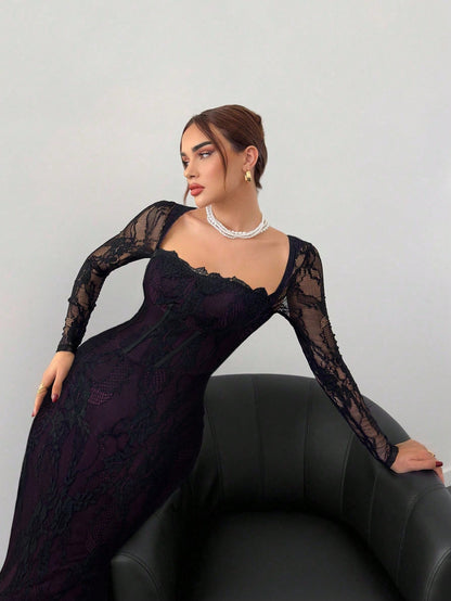 Women's Multicolor Lace Square Neck Bodycon Maxi Dress