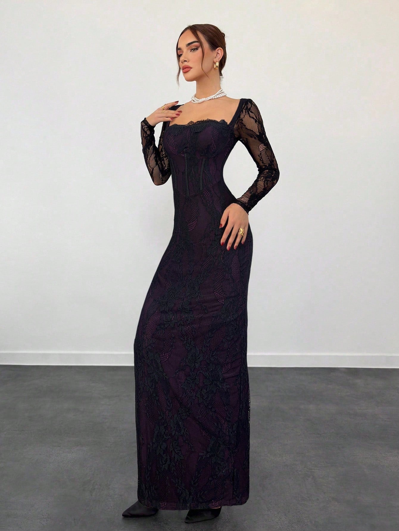 Women's Multicolor Lace Square Neck Bodycon Maxi Dress