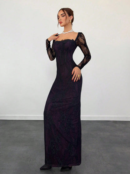 Women's Multicolor Lace Square Neck Bodycon Maxi Dress