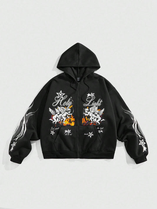 Men Graffiti Angels Stars Print Zip Hoodie