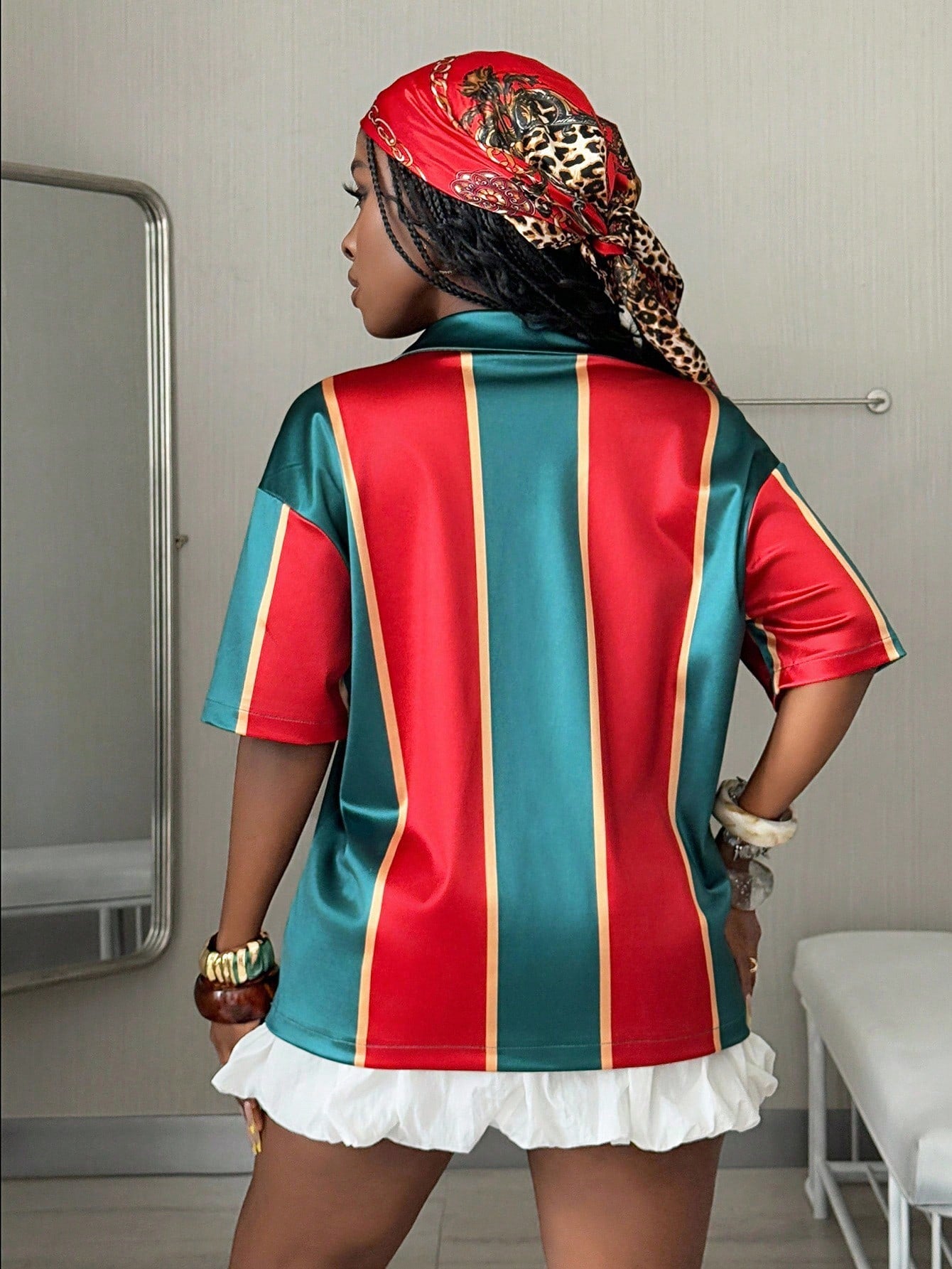 Women's Red Oversized Striped Satin Short Sleeve Shirt - Independence Day Casual Wear