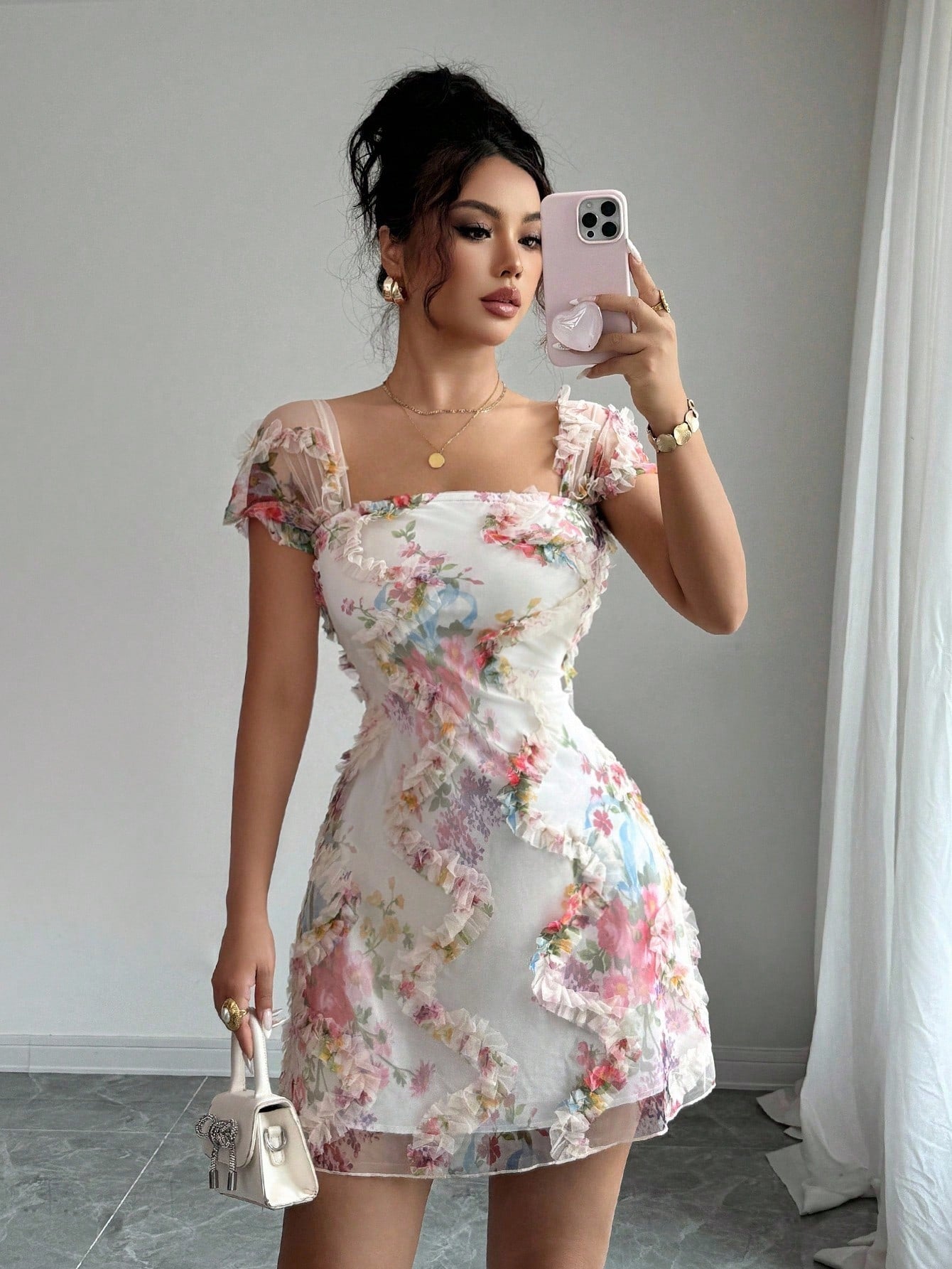 Floral Mesh Ruffled Mini Dress Elegant Square Neck A-Line Party Dress for Spring & Summer