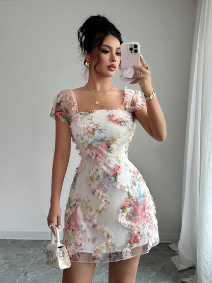 Floral Mesh Ruffled Mini Dress Elegant Square Neck A-Line Party Dress for Spring & Summer