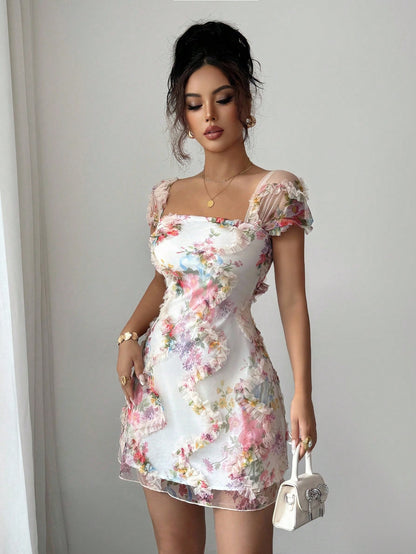 Floral Mesh Ruffled Mini Dress Elegant Square Neck A-Line Party Dress for Spring & Summer