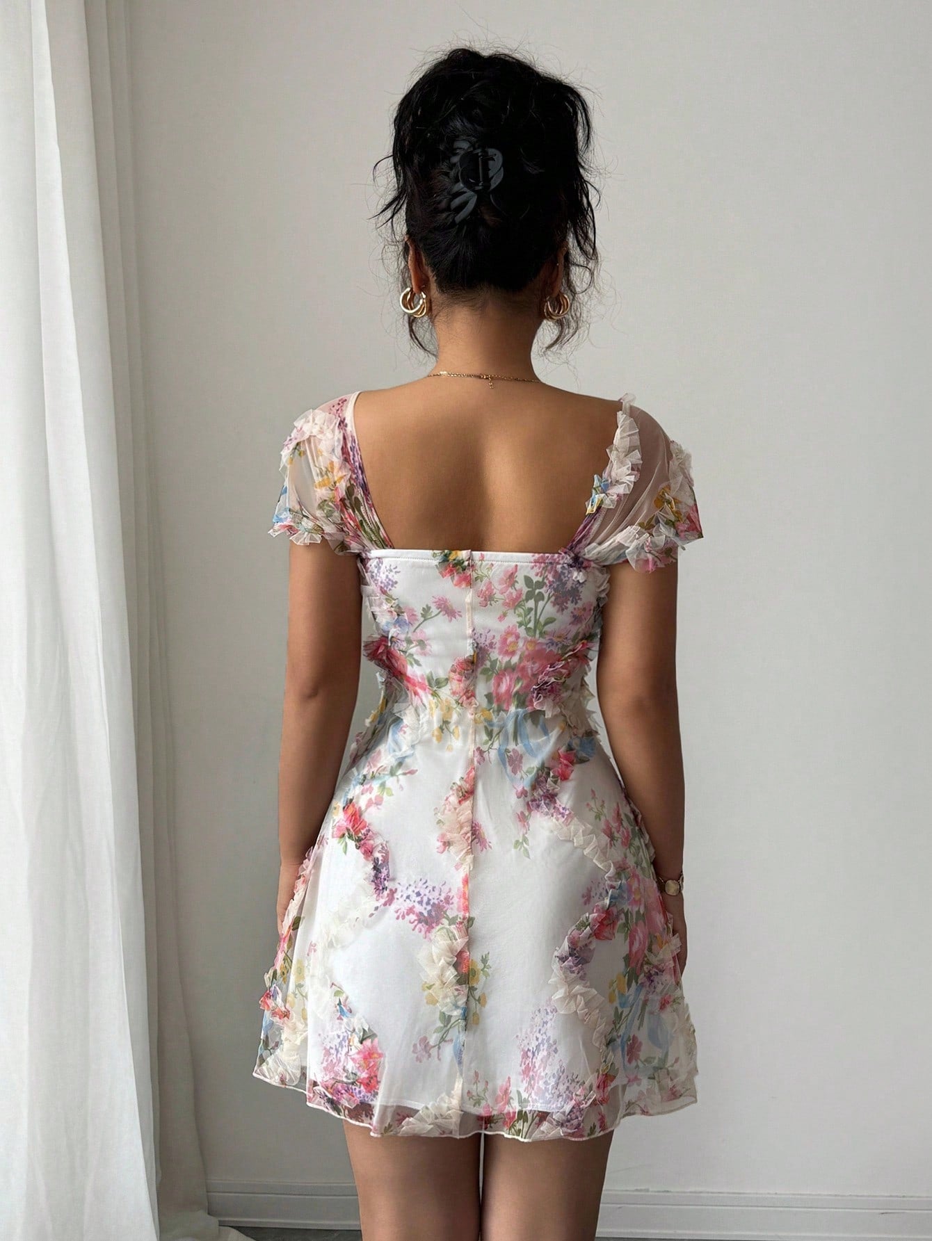 Floral Mesh Ruffled Mini Dress Elegant Square Neck A-Line Party Dress for Spring & Summer