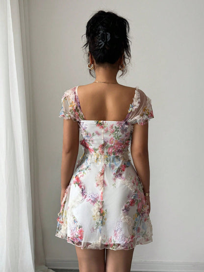 Floral Mesh Ruffled Mini Dress Elegant Square Neck A-Line Party Dress for Spring & Summer