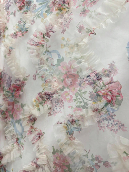 Floral Mesh Ruffled Mini Dress Elegant Square Neck A-Line Party Dress for Spring & Summer