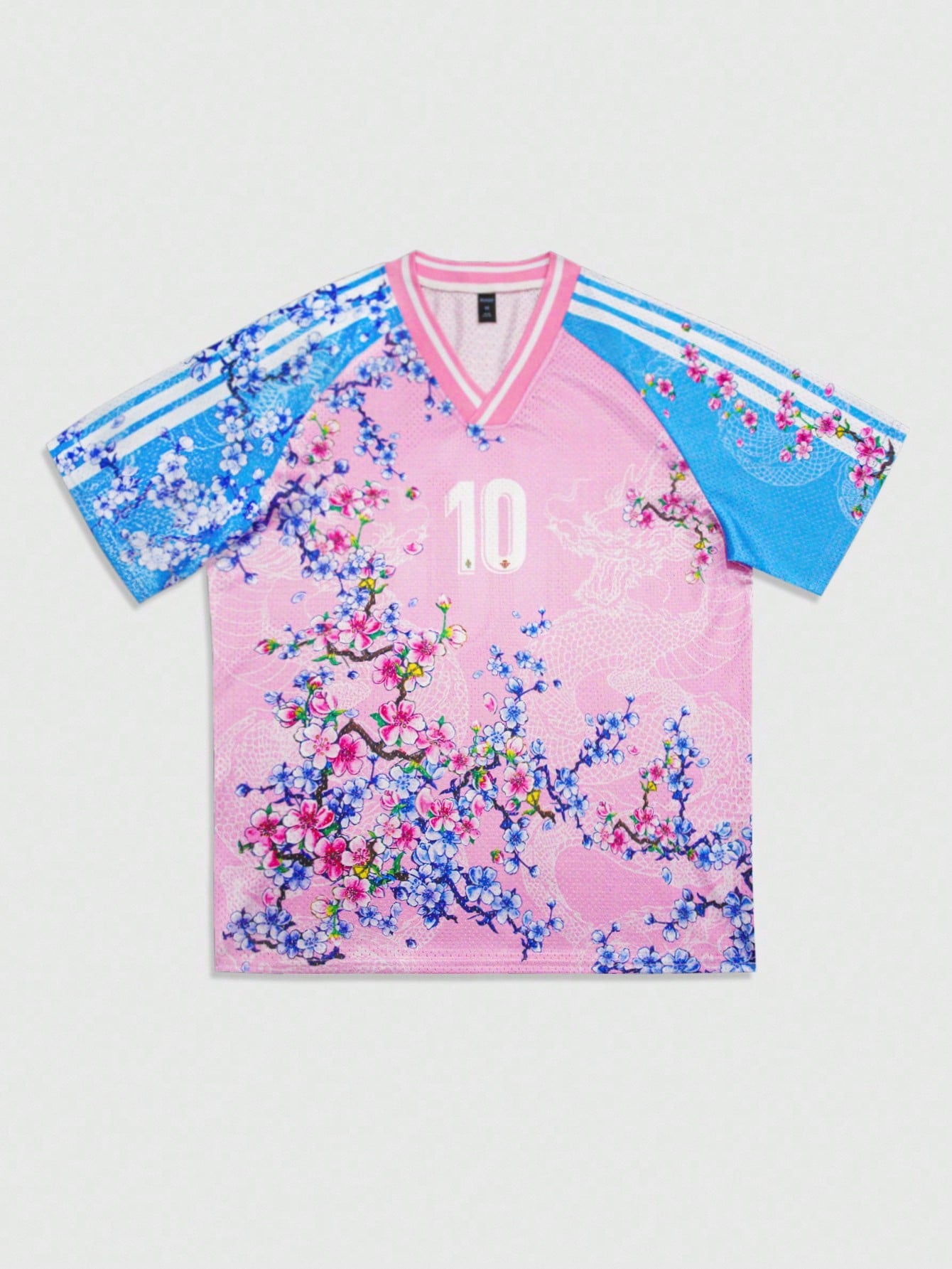 Pink Letter Striped & Plant Print V-Neck Soccer Jersey