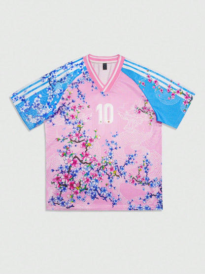 Pink Letter Striped & Plant Print V-Neck Soccer Jersey