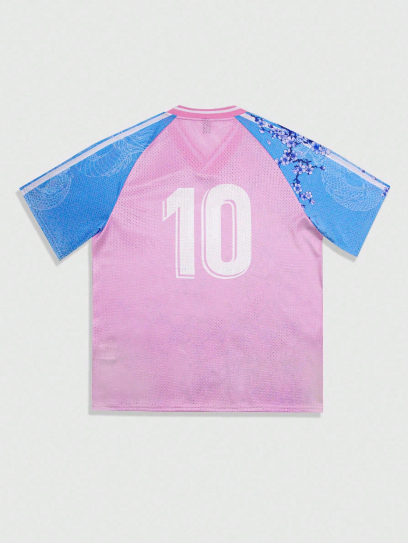 Pink Letter Striped & Plant Print V-Neck Soccer Jersey