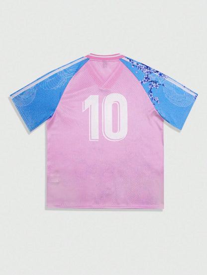 Pink Letter Striped & Plant Print V-Neck Soccer Jersey