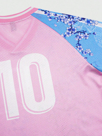 Pink Letter Striped & Plant Print V-Neck Soccer Jersey