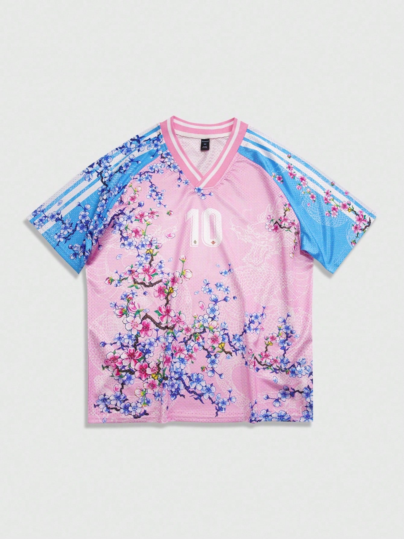 Pink Letter Striped & Plant Print V-Neck Soccer Jersey