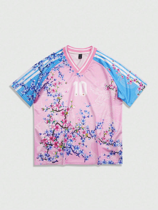 Pink Letter Striped & Plant Print V-Neck Soccer Jersey