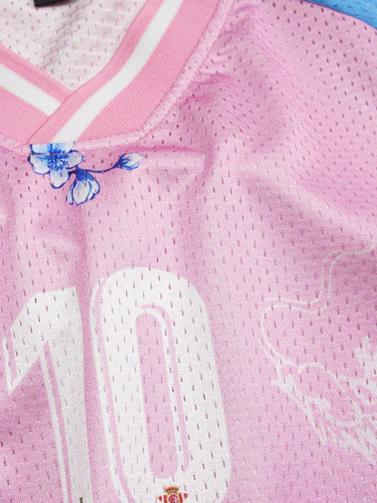 Pink Letter Striped & Plant Print V-Neck Soccer Jersey