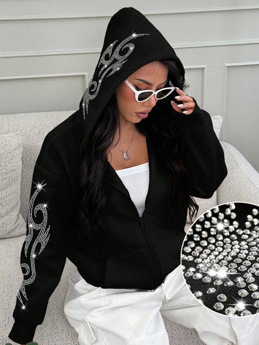 Y2K Rhinestone Graphic Zip-Up Hoodie
