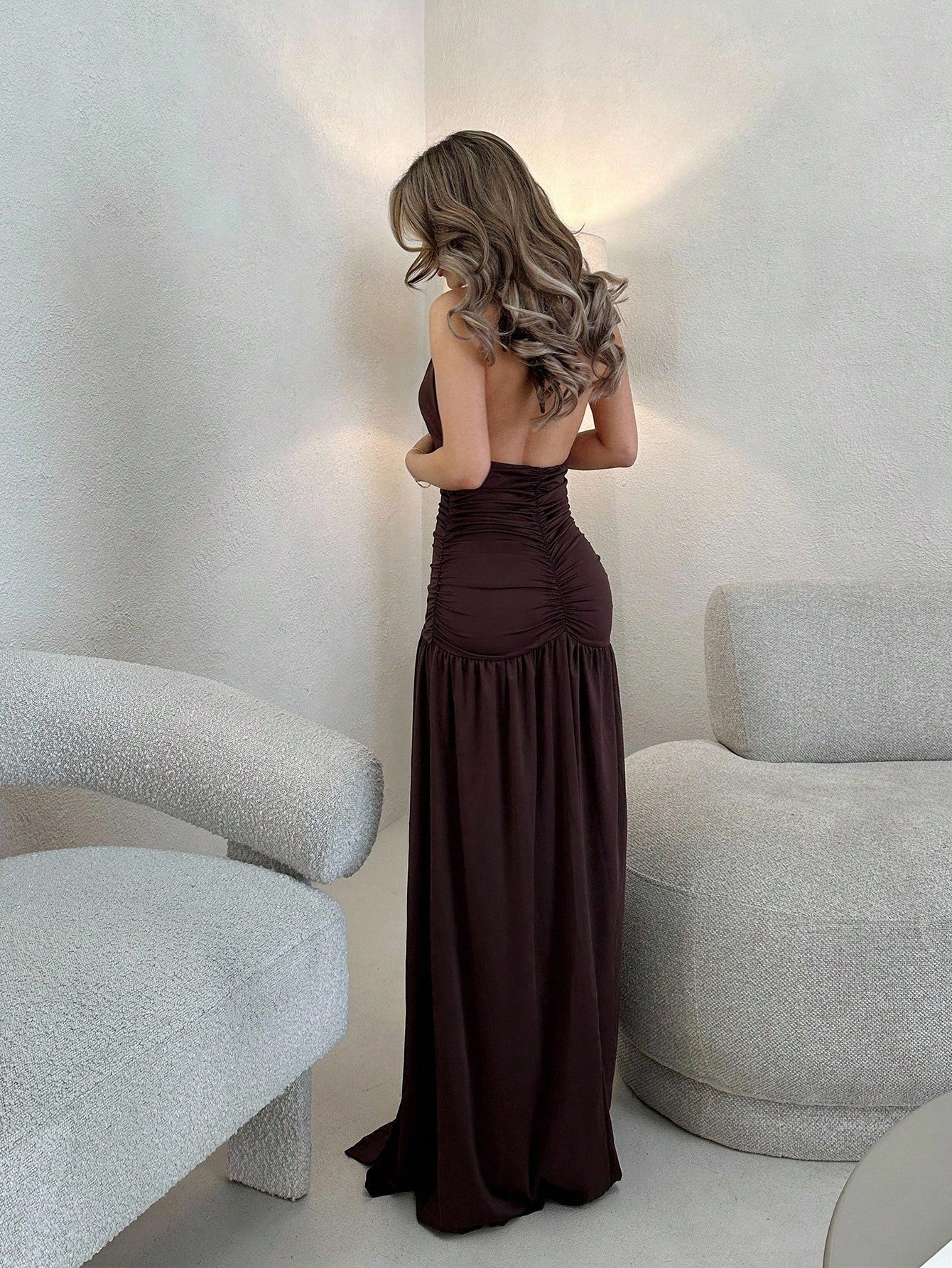 Jemour Deep V-Neck Halter High Slit Maxi Party Dress