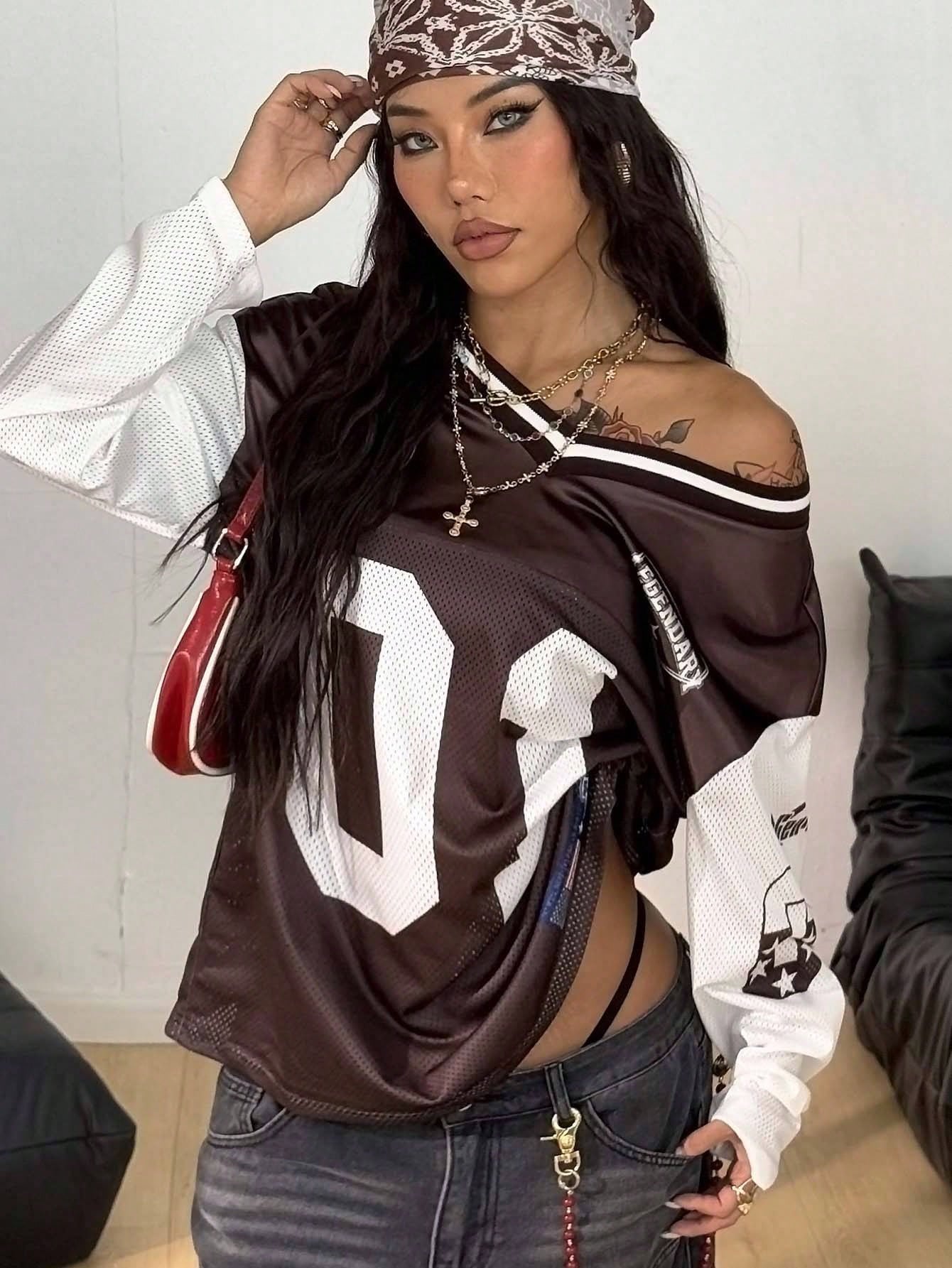 Women's Y2K Oversized Brown Mesh Jersey