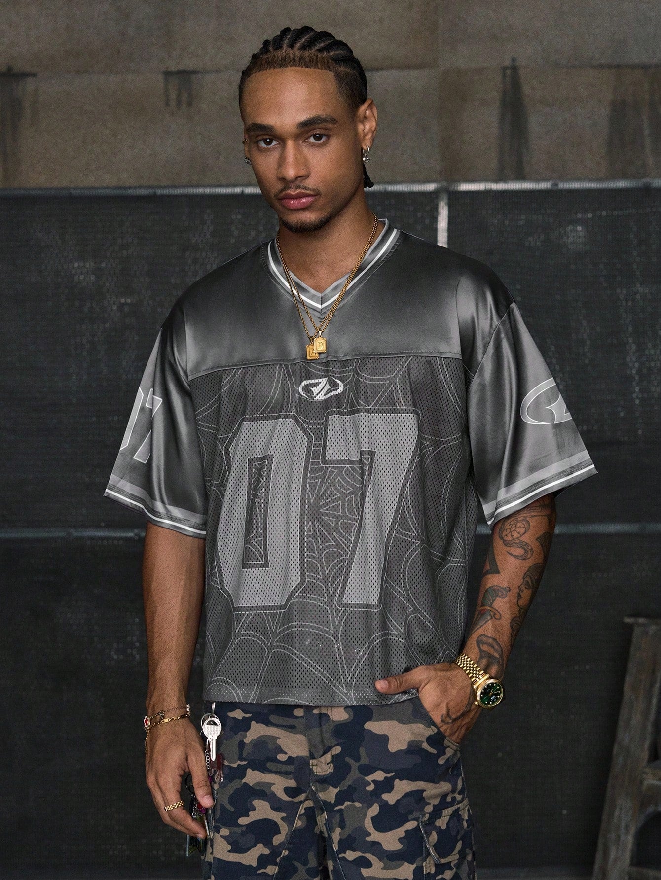 Grey Digital Print V-Neck Crop Jersey