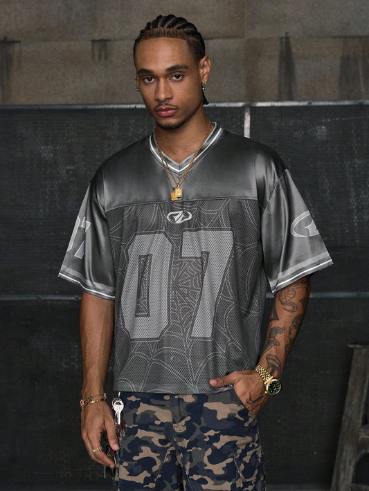 Grey Digital Print V-Neck Crop Jersey