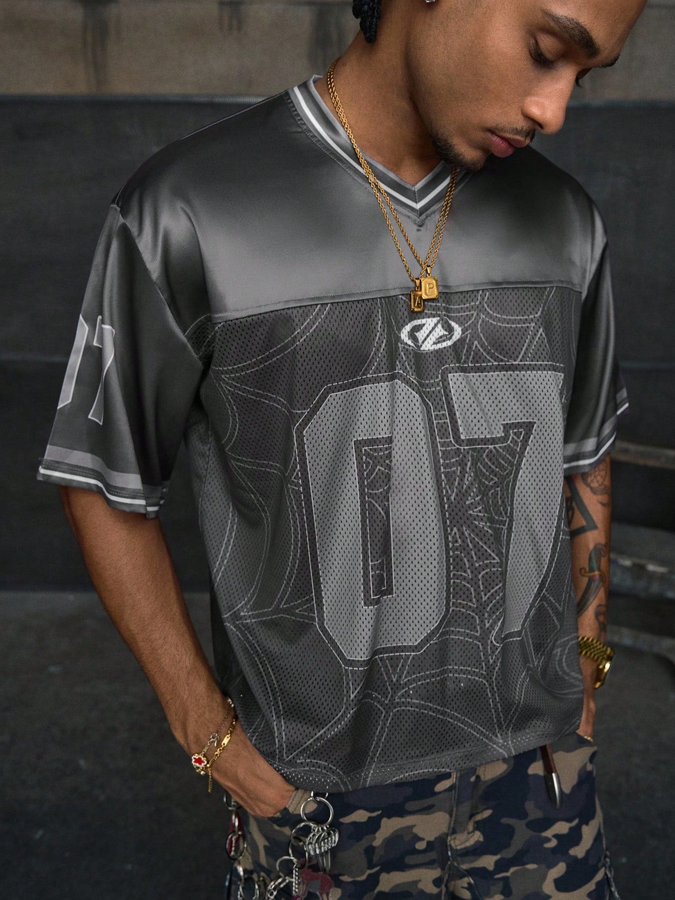 Grey Digital Print V-Neck Crop Jersey