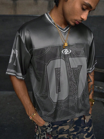 Grey Digital Print V-Neck Crop Jersey