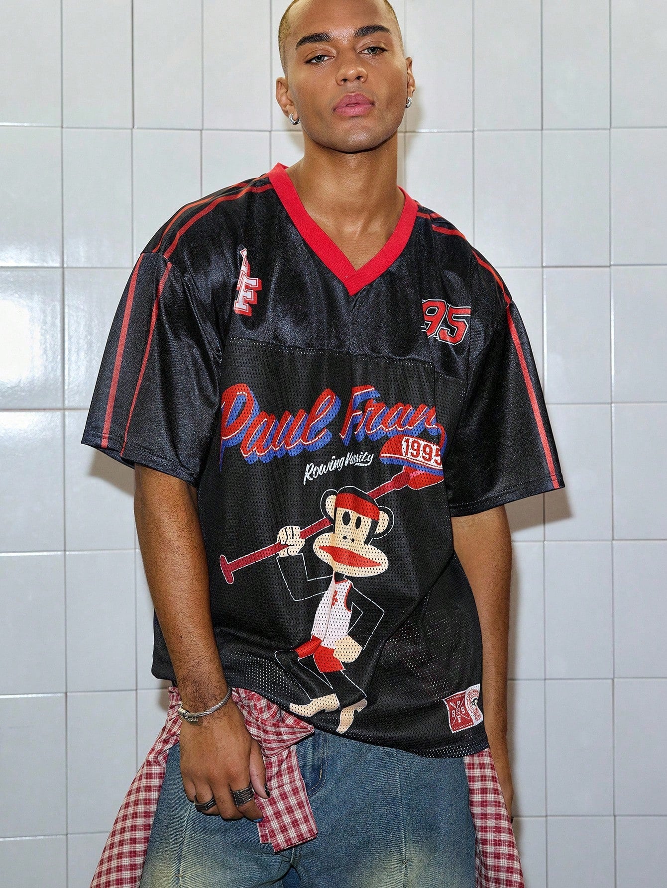 Black Paul Frank Cartoon Print Soccer Style V-Neck Jersey